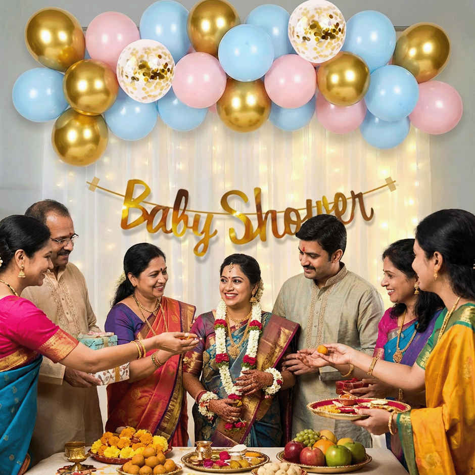 Baby Shower Decoration Items | White Net Curtain, Fairy Lights, Foil Banner, Balloons | Party Propz