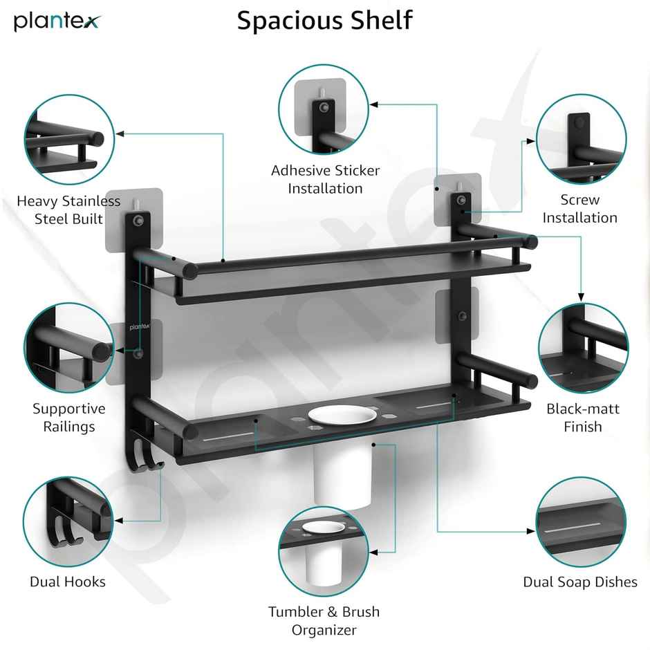 Plantex 5-in-1 Stainless Steel Bathroom Shelf with Soap Stand Toothbrush Holder - Wall Mounted