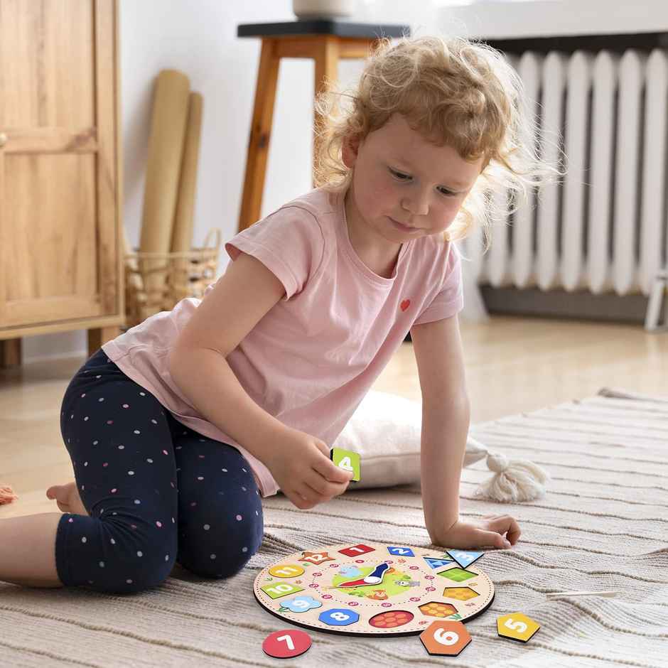Webby Wooden Toys Early Educational Game | Clock Time & Shape for kid |12 pcs, Multicolour| 3+ Year