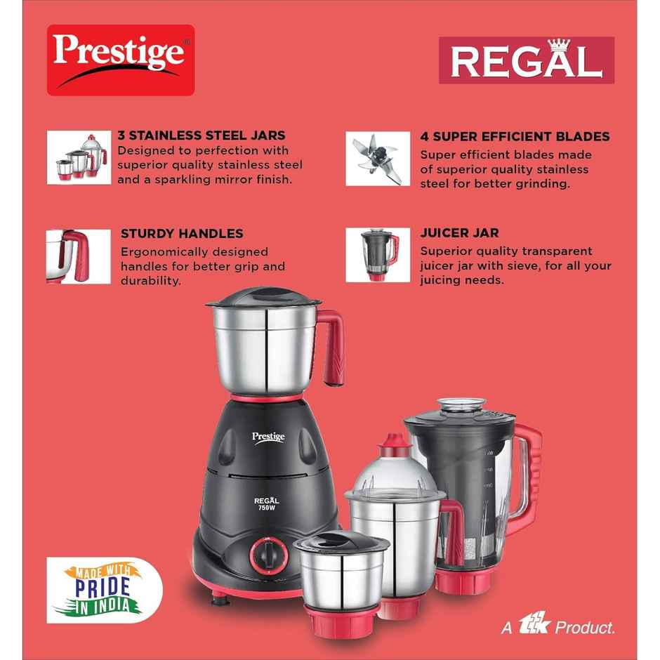 Prestige Regal Mixer Grinder, 750 Watts, 4 Super Efficient SS Blades, 2 Years Warranty, Black & Red