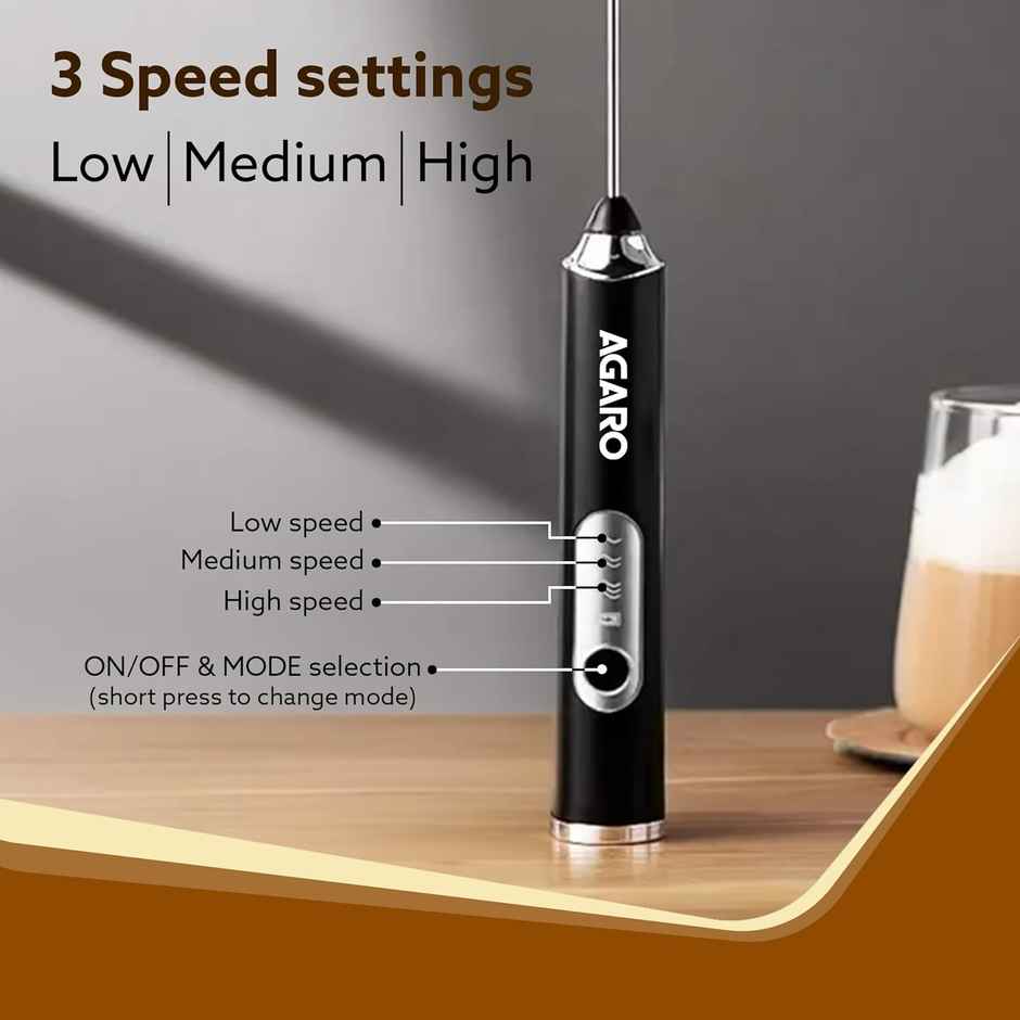 AGARO Royal Milk Frother | 3-Speed Electric Frother With Whisk | Stand-up Design | Rechargeable | Stainless Steel - Black