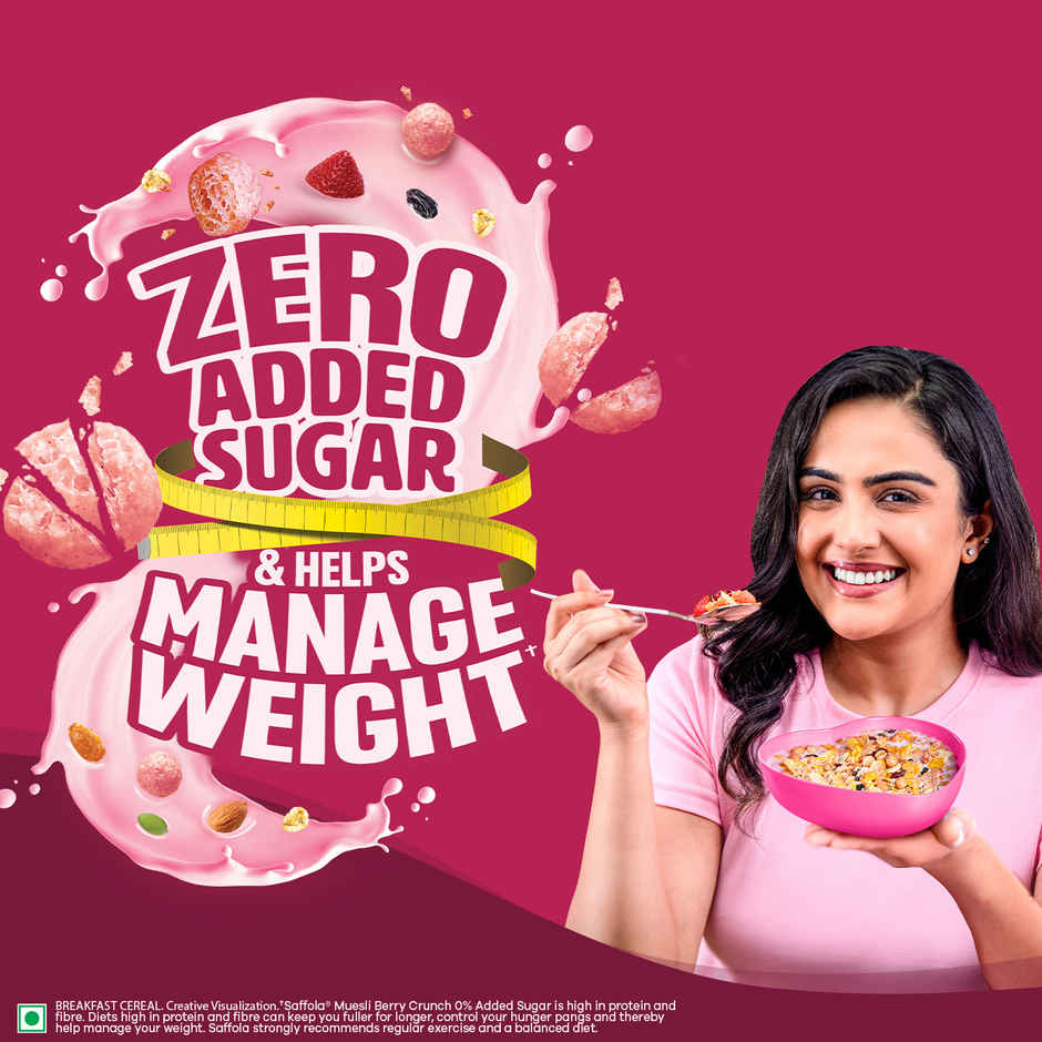 Saffola Muesli 0% Added Sugar Berry Crunch with Flavour Pops, 25% Protein & 19% Fibre of RDA