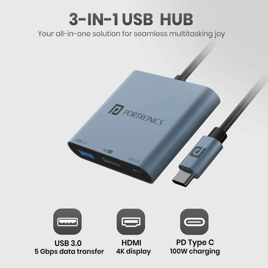 Portronics C-Konnect Plus Type C 3-In-1 To Hdmi + Usb Hub