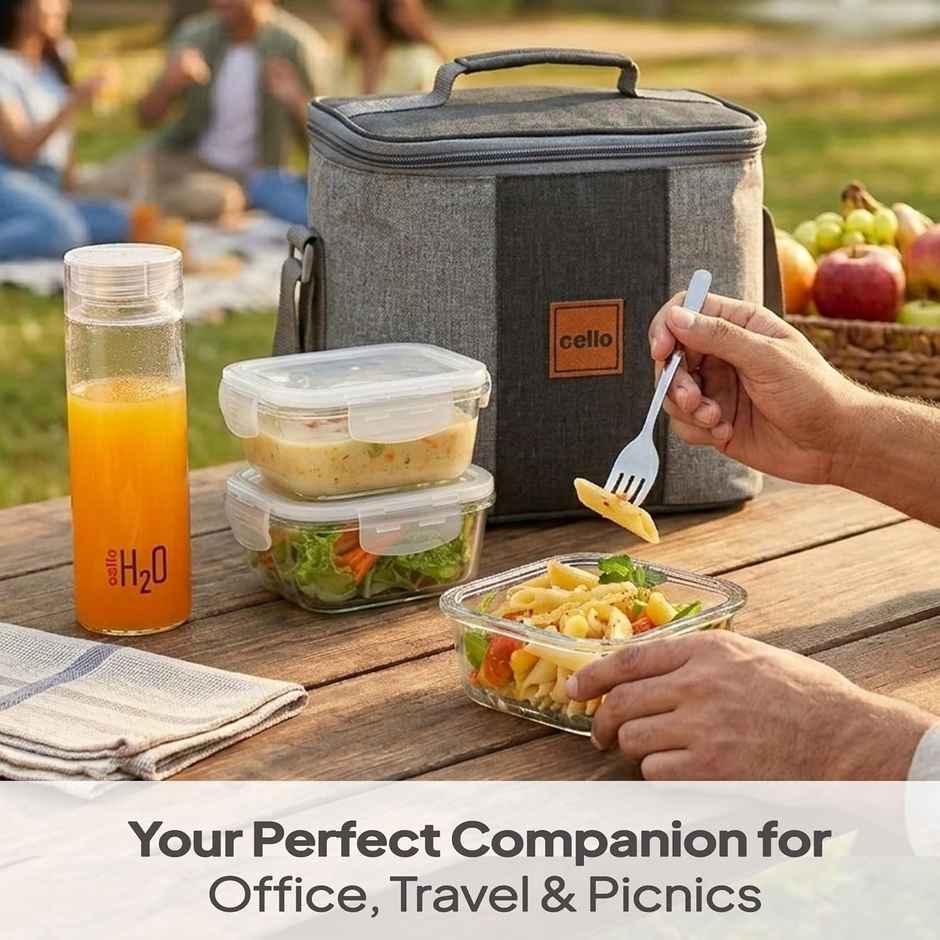 Cello Glassy Square Bottle Lunch Box | Borosilicate Glass | 3 x 320ml and 500 ml | Clear