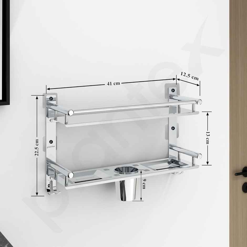 Plantex No Drill Bathroom Shelf Organizer with Soap and Brush Holder - 2-Tier, Chrome Finish