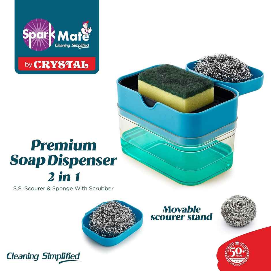 Sparkmate By Crystal Premium Soap Dispenser 2 In 1 - Ss Scourer & Sponge With Scrubber