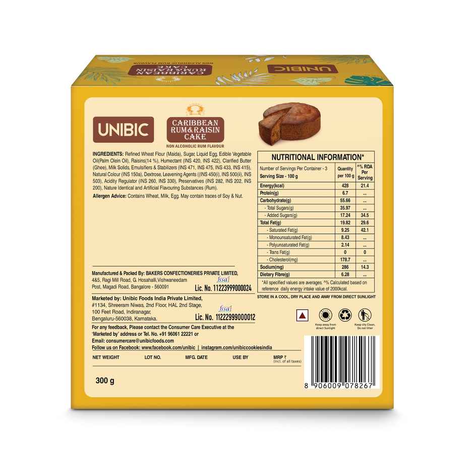 UNIBIC Caribbean Rum & Raisin Cake | Non-Alcoholic Rum Flavour