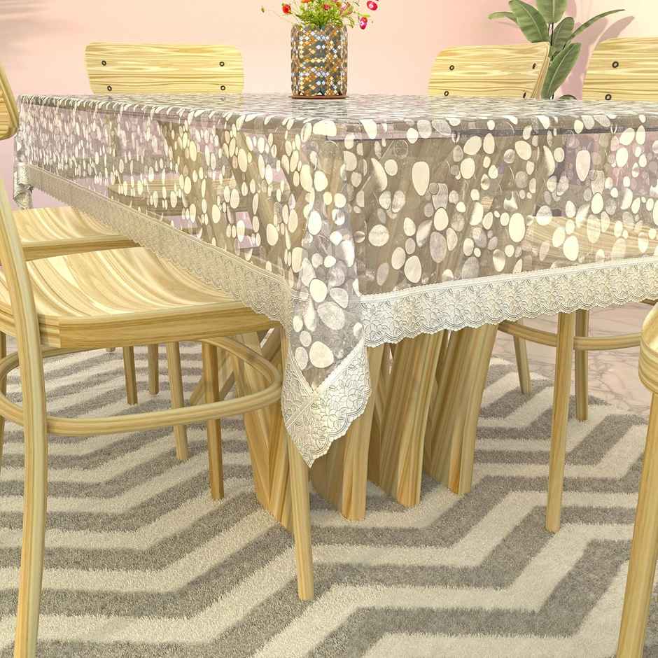 Kuber Industries PVC Waterproof Stone Print 90x60 Inch Dining Table Cover Silver Lace (Silver)