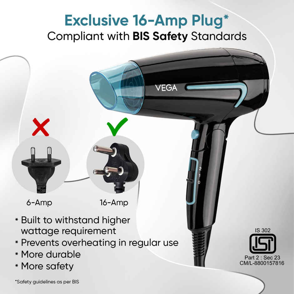 Vega U Style 1400-1600W Foldable Hair Dryer with Cool Shot Button, 2 Speed/Heat Settings, (VHDH-24)