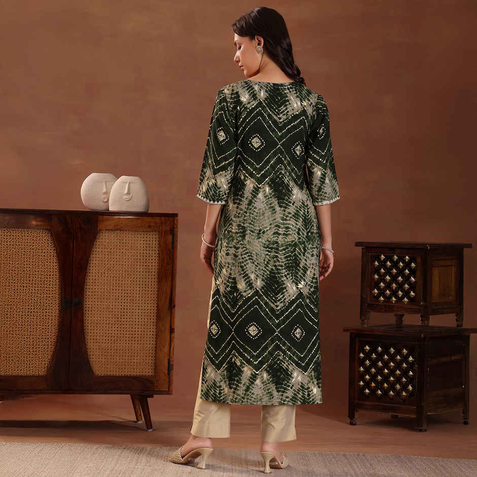 Libas Women's Printed Silk Straight Kurta | Green - XL