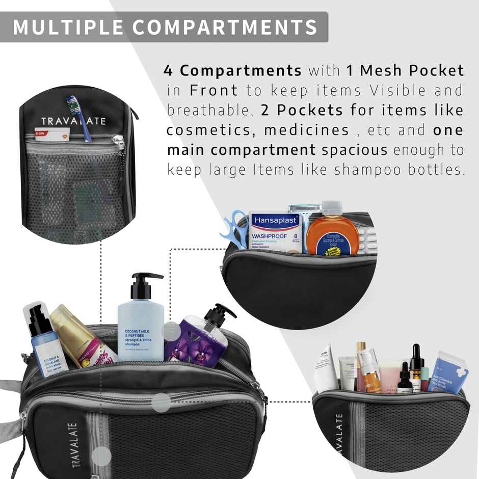 TRAVALATE Three Compartment Travel Toiletry Kit | Black