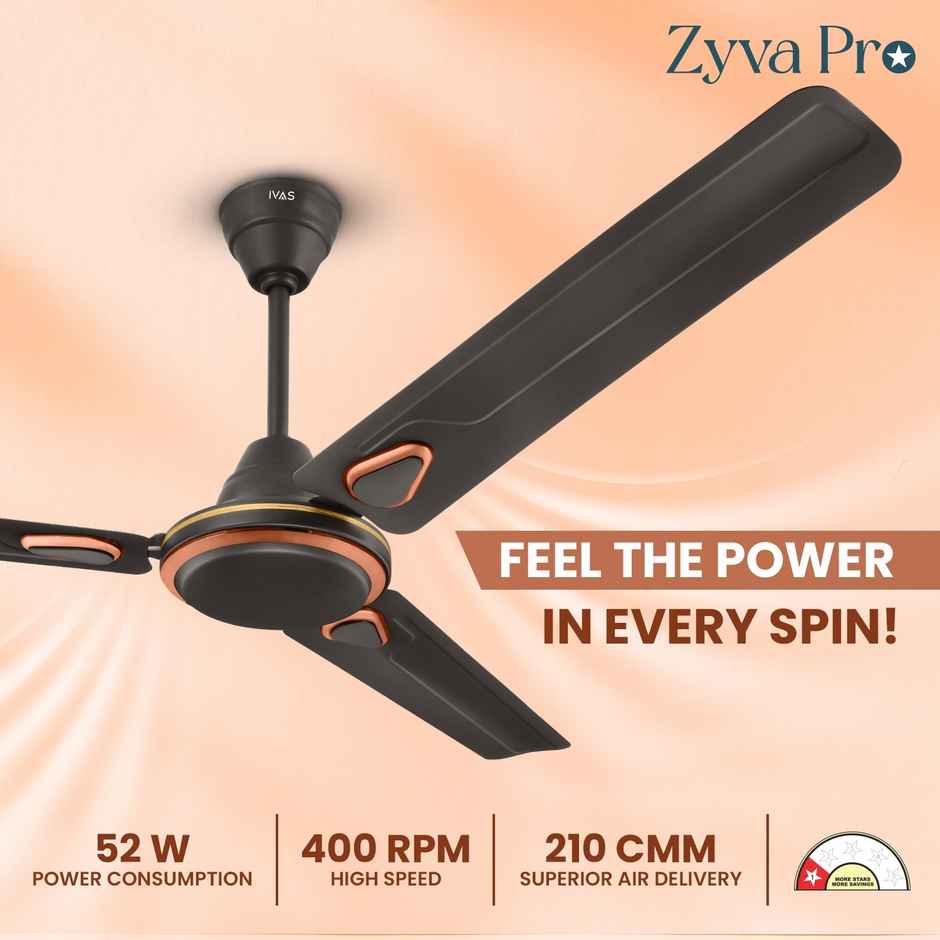 Ivas Zyva Pro Ceiling Fan, 1200mm, 400 RPM, Star Rated, Smoky Brown