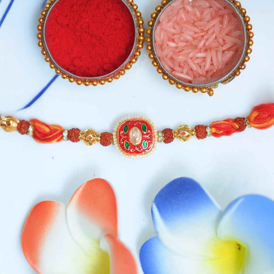 Aurum Square Rakhi With Pearls Ring & Rudrakash