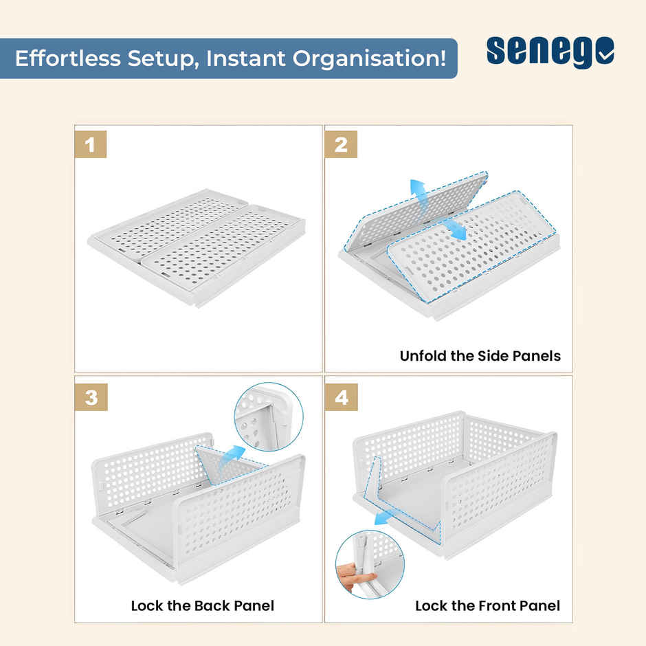 Senego Folding Wardrobe Clothes Organizer - Pack of 2, Stackable (White)