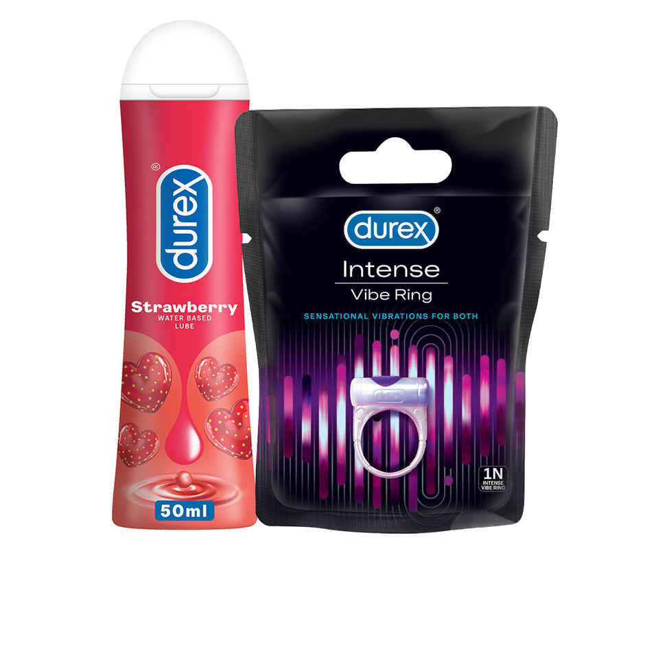 Durex Intense Vibe Ring Massager For Men & Women (1pc) & Durex Lube - Strawberry - Flavoured Lubricant (50ml) Combo