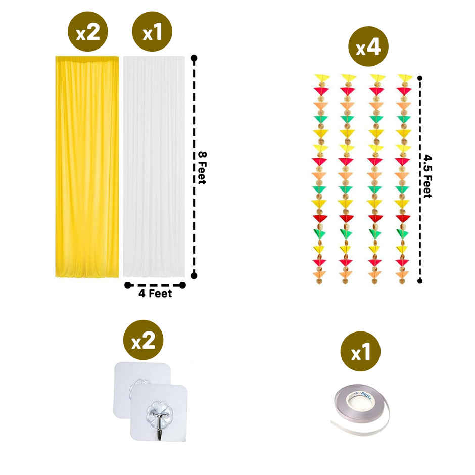 White and Yellow Net Backdrop with Triangle Hanging for Haldi Mehndi | Party Propz