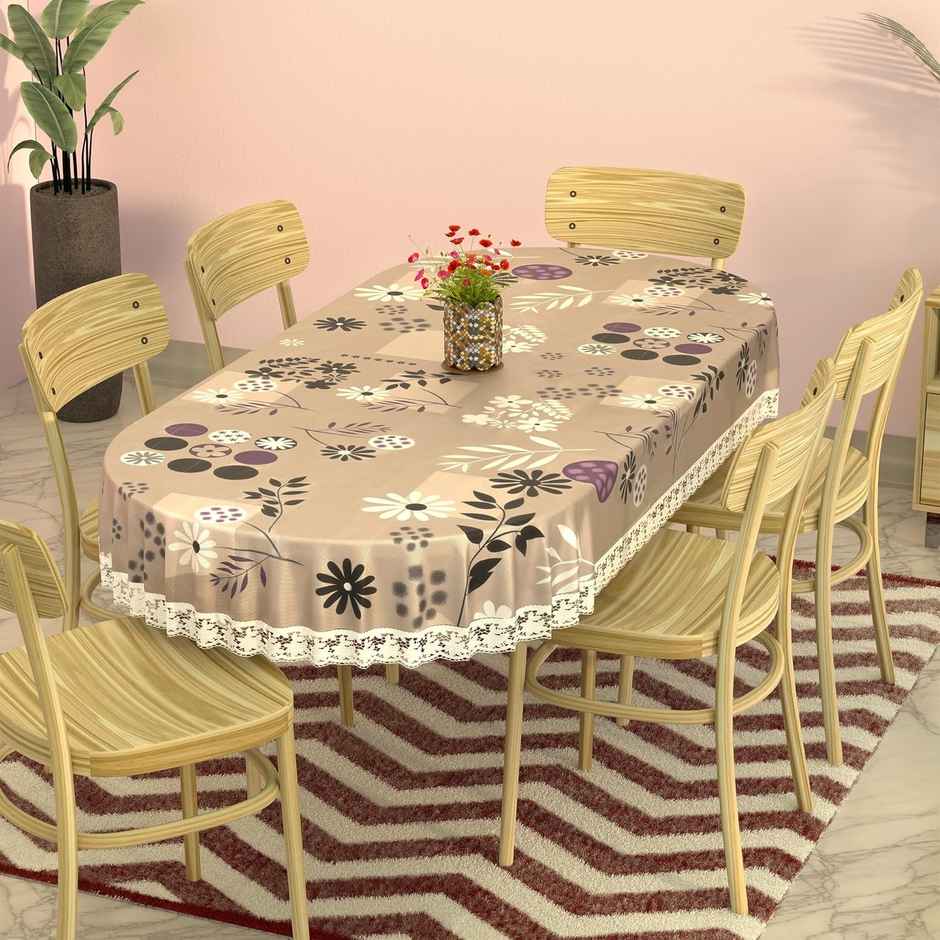 Kuber Industries 60x90 In PVC Oval Dining Table Cover 6 Seater | Flower Circle - Light Brown