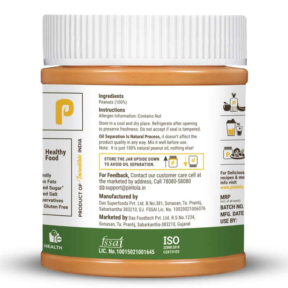 Pintola All Natural Peanut Butter, Extra Crunchy, Unsweetened, 30g Protein, Vegan, Gluten Free
