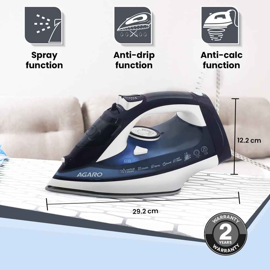 Agaro Royal Steam Iron 2000W Ceramic Coated Sole Plate 360 Degree Swivel Cord Anti-Calc 320 Ml Blue
