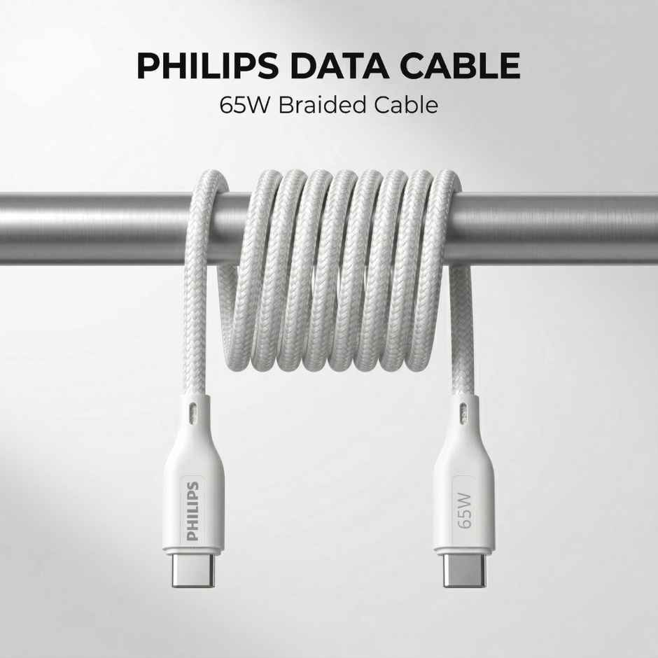 Philips 65W USB Type-C to Type-C Fast Charging Cable | Nylon Braided | 1m | Bright White