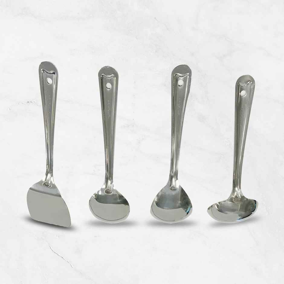 Happy Kitchen Stainless Steel 4 Piece Set - Ladle, Spatula and Large Serving Spoon | 25cm