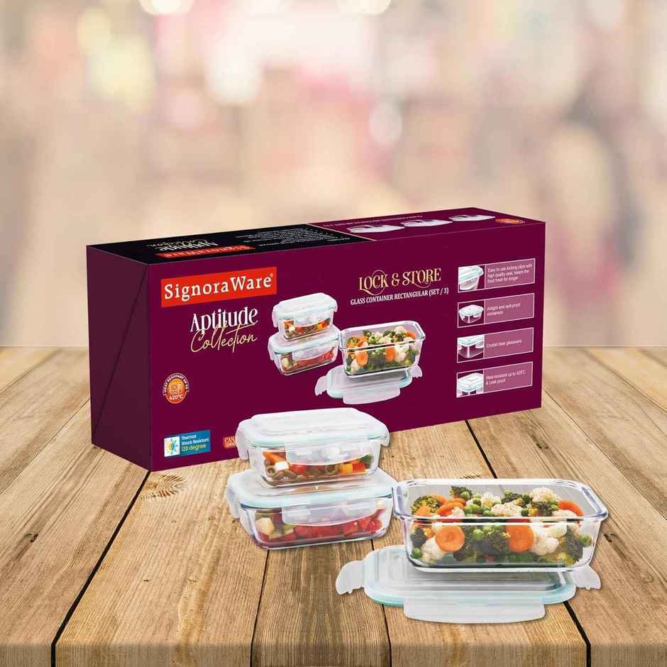 Signoraware Lock N Store Rectangular Borosilicate Glass Container|370 ml,640 ml,1040 ml|Transparent