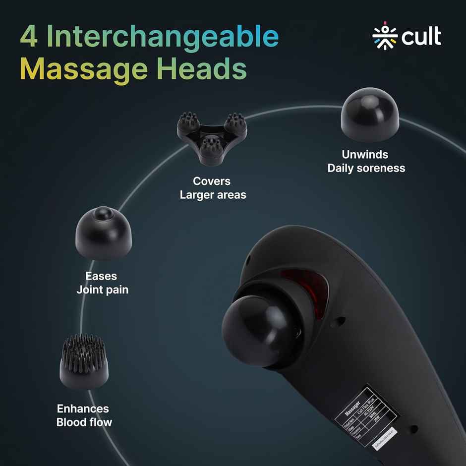 Cult Flex Plus Corded Electric Handheld Full Body Massager, 4 Changeable Heads, Adjustable Speeds