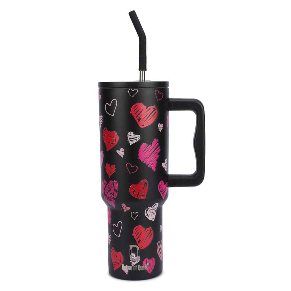 House of Quirk Stainless Steel Tumbler with Handle & Lid, 2 Straws | Black Heart - 1200 ml