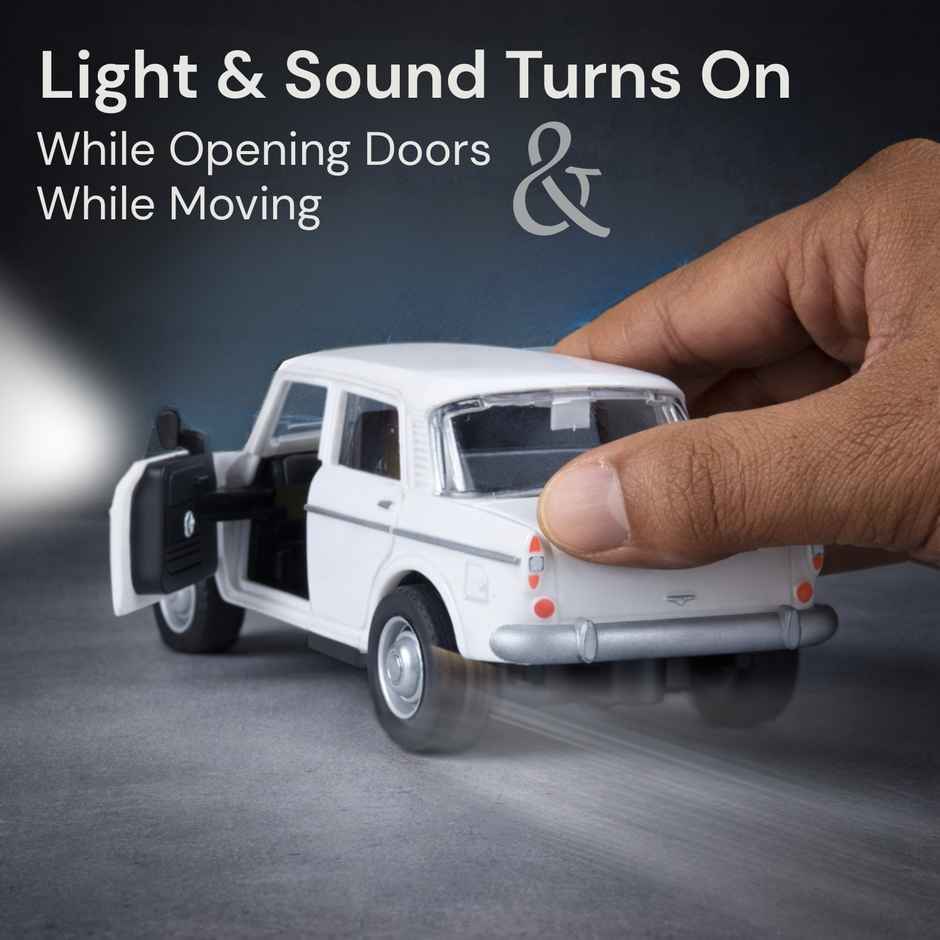 Race n Roll Light & Sound Retro Sedan Toy Car Pull back Vehicle Fia White