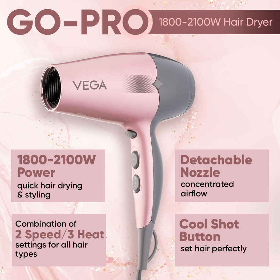 Vega Go Pro 2100W Professional Hair Dryer with 2 Speed & 3 Temperature Settings (VHDH-25)