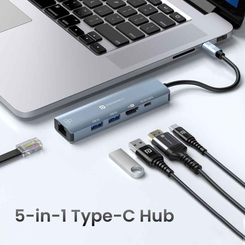 Portronics Mport 51 5-in-1 Type C HUB with RJ 45 Ethernet Port, 5Gbps Data Transfer, HDMI Port, USB 3.0, PD Quick Charge, 4K Ultra HD Data Quality(Grey)