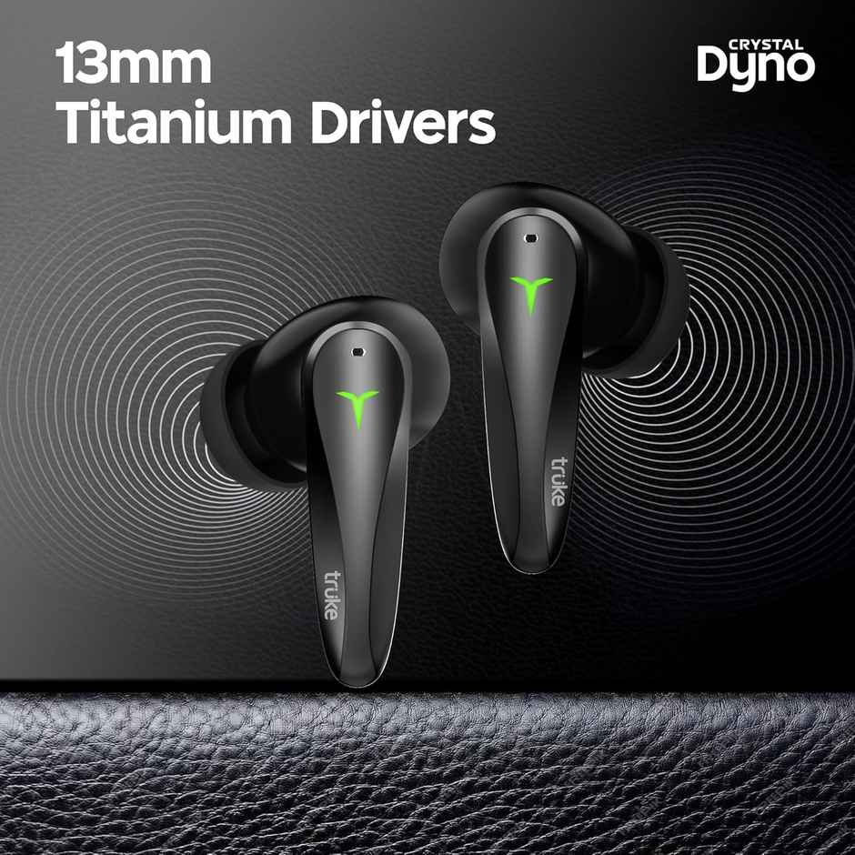 truke Crystal Dyno Leather Finish Earbuds w/ Spatial Audio, 70H Battery, Quad Mic ENC | Raven Black