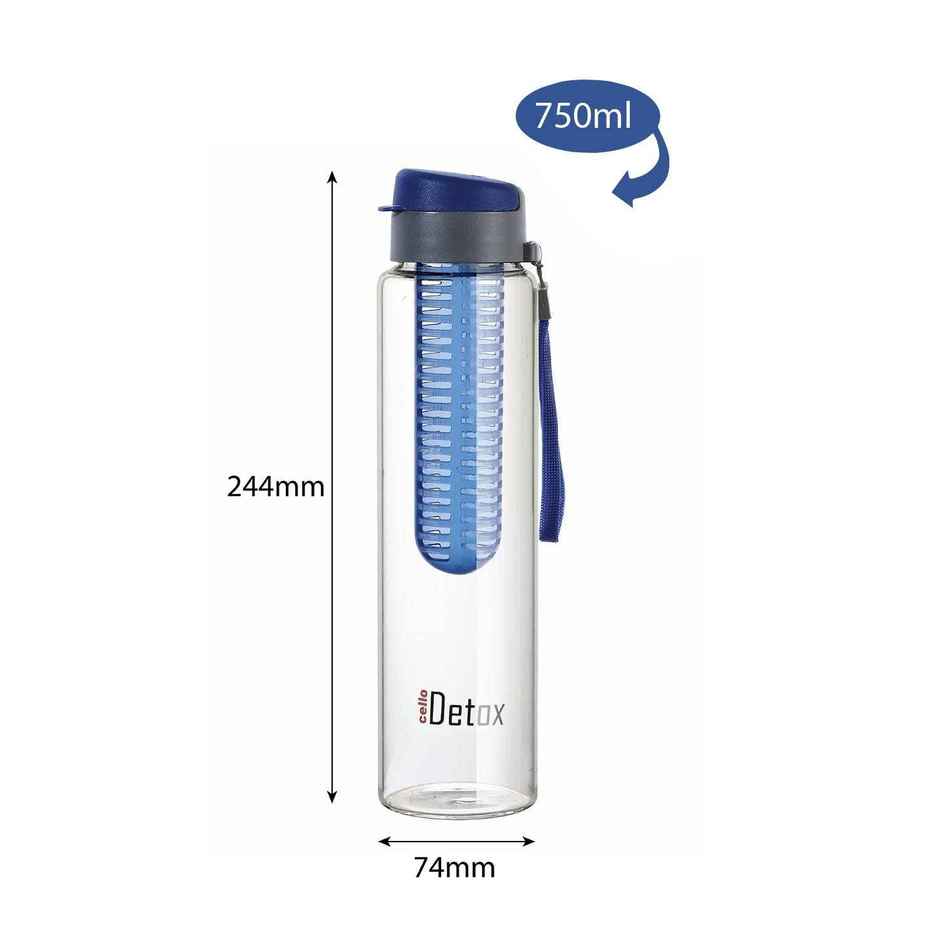 Cello Fruit Infuser Glass Water Bottle 750ml, Blue | Wide Sealed Flip-Top Cap, Leak-Proof, Durable