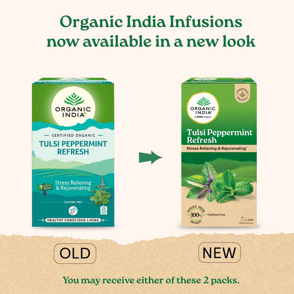 Organic India Tulsi Peppermint 25 Tea Bags, Stress Relieving & Rejuvenating