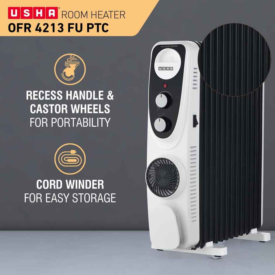 USHA 4209 FU PTC U Shaped 9 Fin Oil Filled Radiator Room Heater | Black - 2700 Watts