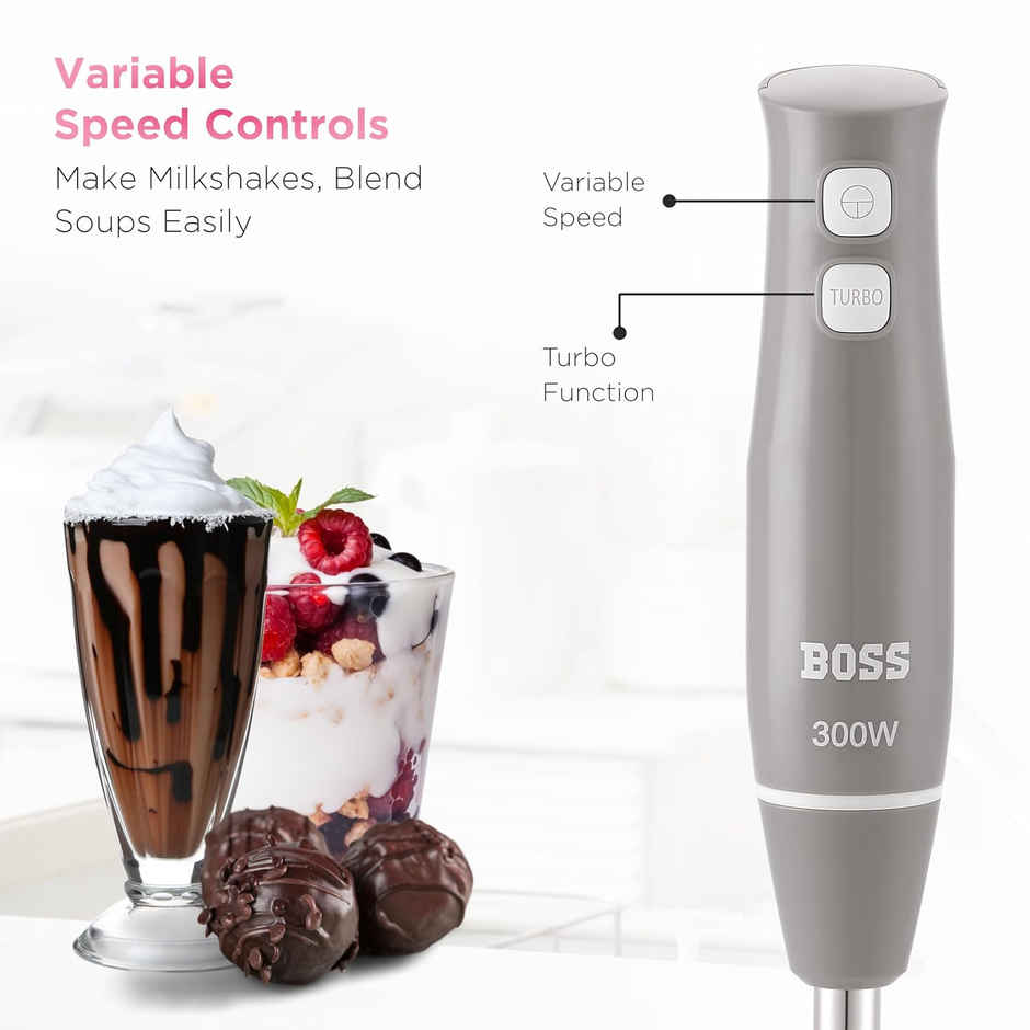Boss Sparkle Hand Blender 300W With Stainless Steel Stem For Hot- Cold Blending - Grey