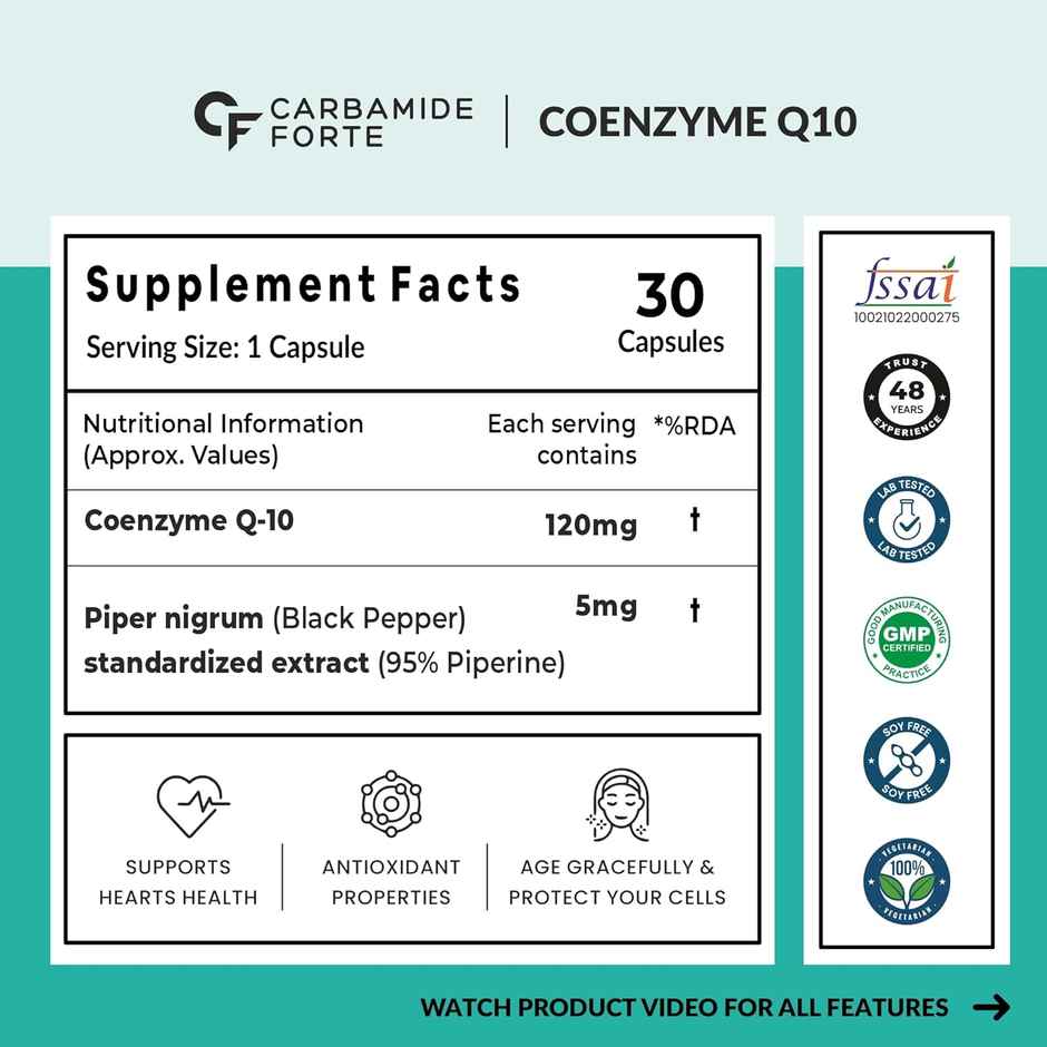 Carbamide Forte Coq10 Coenzyme Q10-120mg Capsule with Piperine 5mg Supplement 30 Veg Capsules