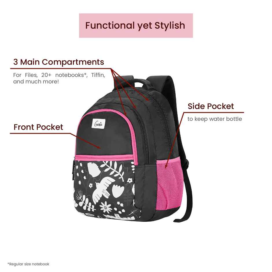 Genie Birdy School Bag For Girls. Black Backpack For Women