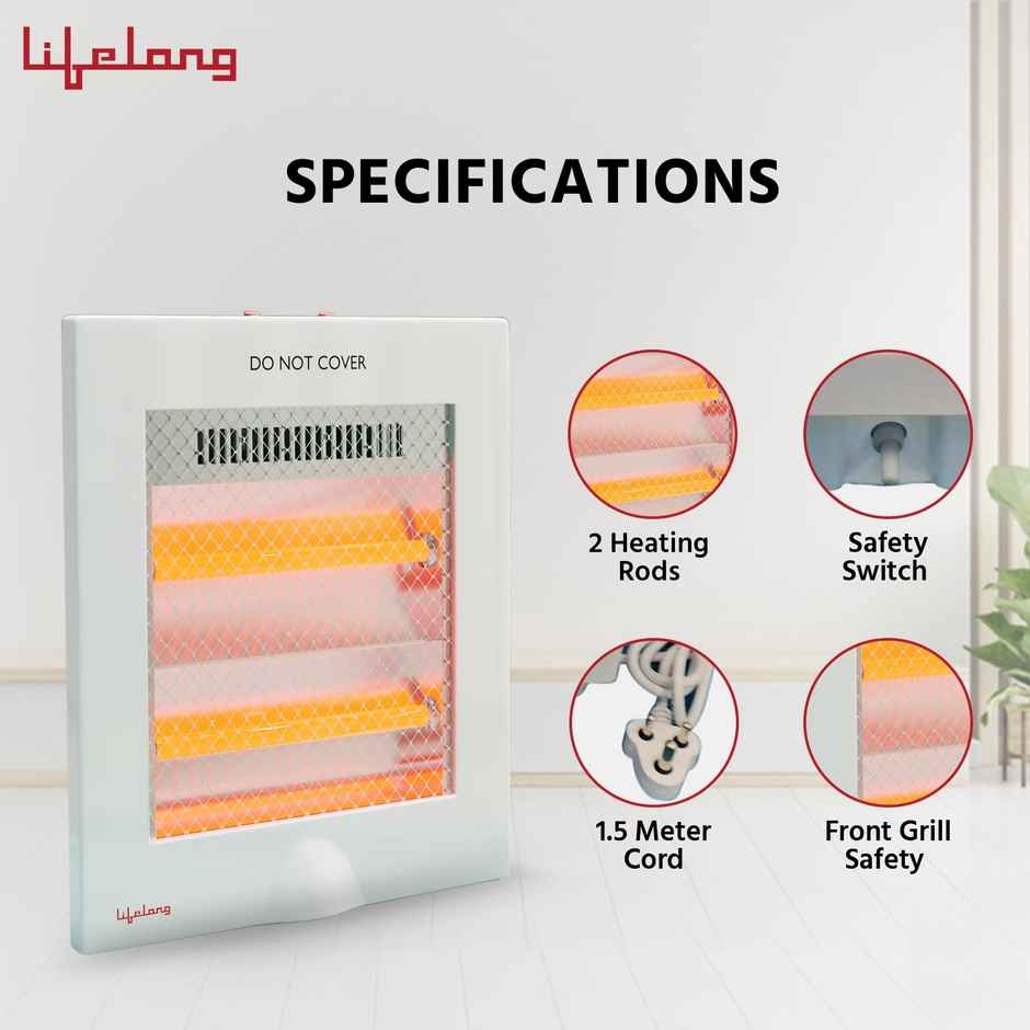 Lifelong LLQH922 Regalia 800 Watts Quartz Room Heater for Home with 2 Power settings, 2 Rod Heater for Room, Cord Length 1.5 Meter - White