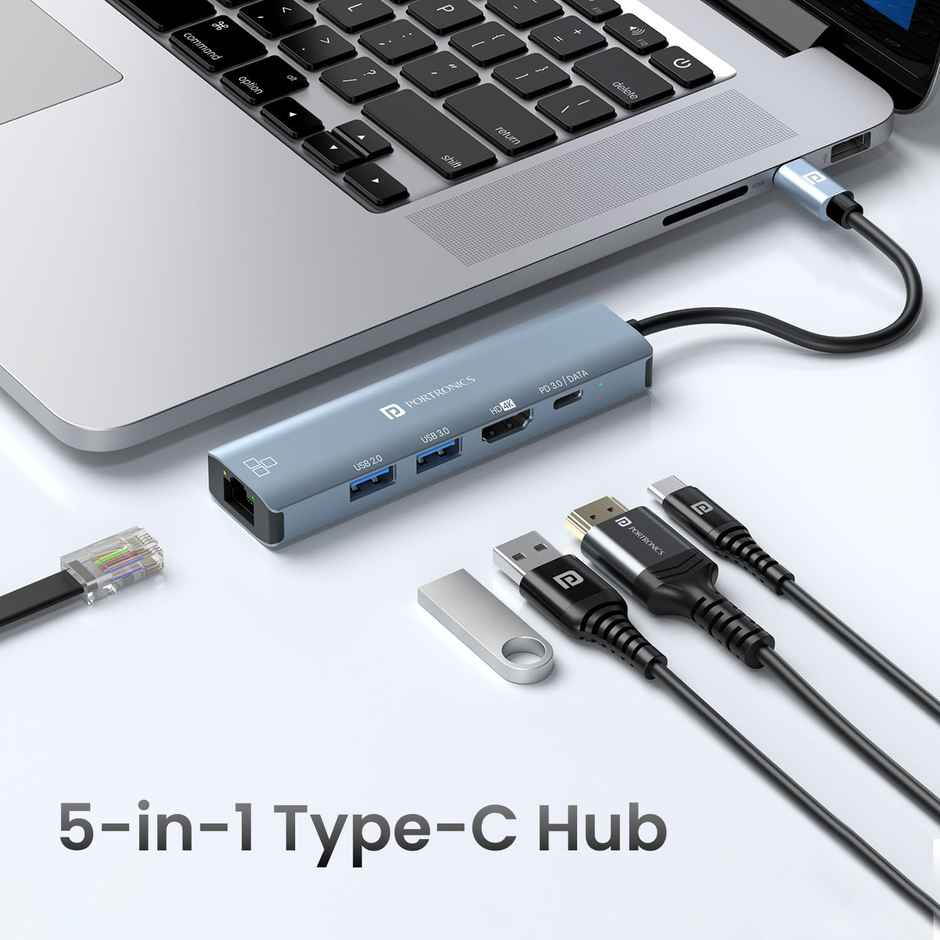 Portronics Mport 51 5-in-1 Type C HUB with RJ 45 Ethernet Port, 5Gbps Data Transfer, HDMI Port, USB 3.0, PD Quick Charge, 4K Ultra HD Data Quality(Grey)