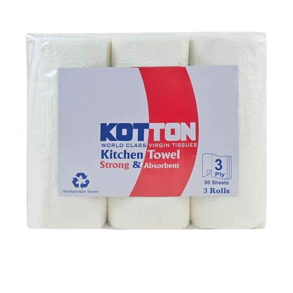 Kotton 3 Ply Kitchen Towel Paper Roll/100% VirginPulp/Paper - Pack Of 3 Rolls - 80 Pulls Per Roll Combo 