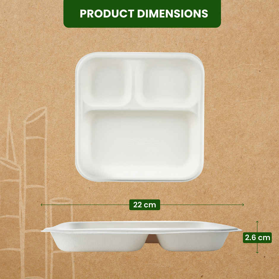 Square Plate | 3 Compartment | 9 inch | Pack of 10 | BAY6