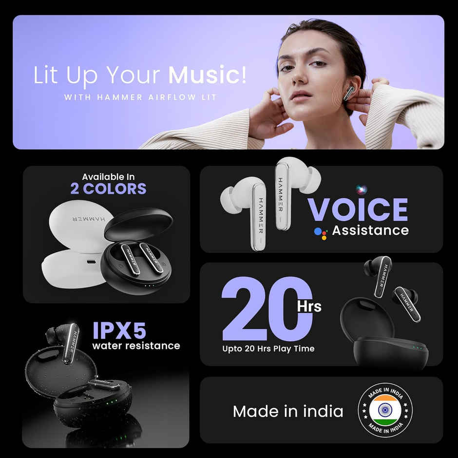 Hammer Airflow Lit True Wireless Earbuds With Upto 20H Playtime, Type-C Charging - Black