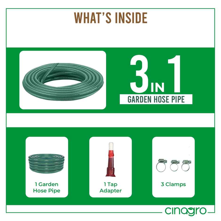 Cinagro Braided Hose Pipe with Tap Adapter & 3 Clamps | 10 m - Green (For Gardening, Car Washing)