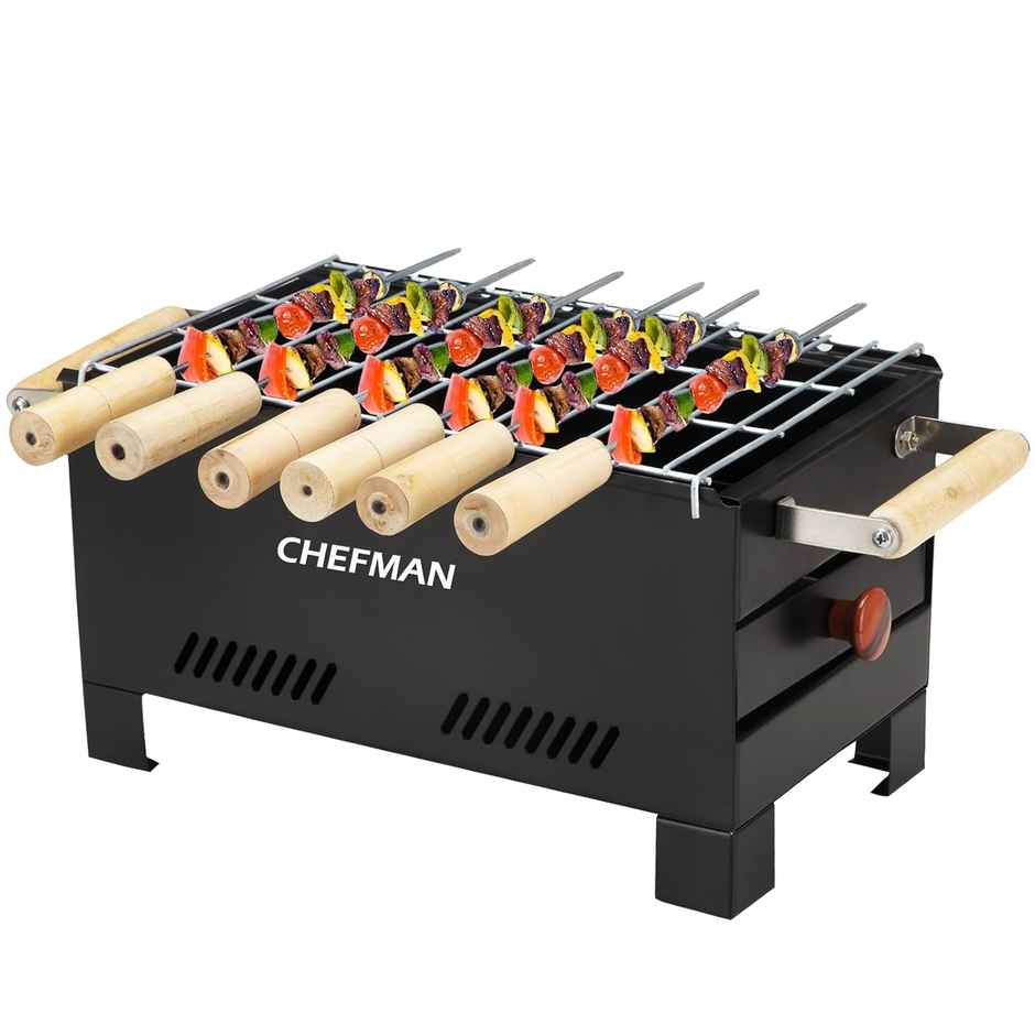 Chefman Portable Charcoal BBQ Grill | 6 Skewers | Ideal For Outdoor Cooking | Black