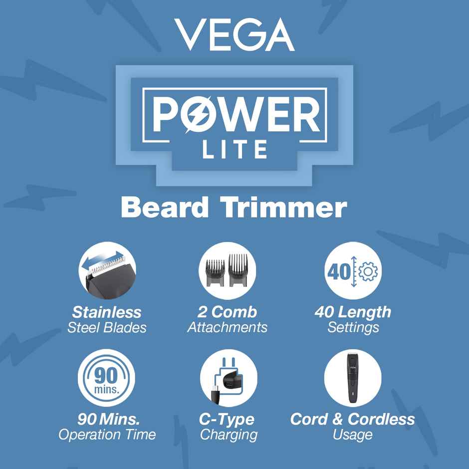 Vega Power Lite Beard Trimmer for Men with 90 mins Runtime, 2 Comb Attachment, USB Type C (VHTH-38)