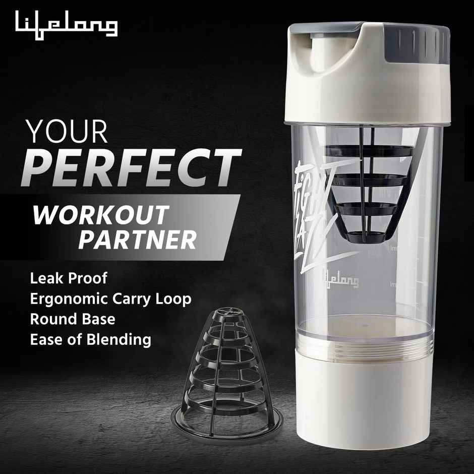 Lifelong Protein Shaker With Extra Compartment Bpa Free Sipper Bottle|500Ml | Llshb03 White Plastic