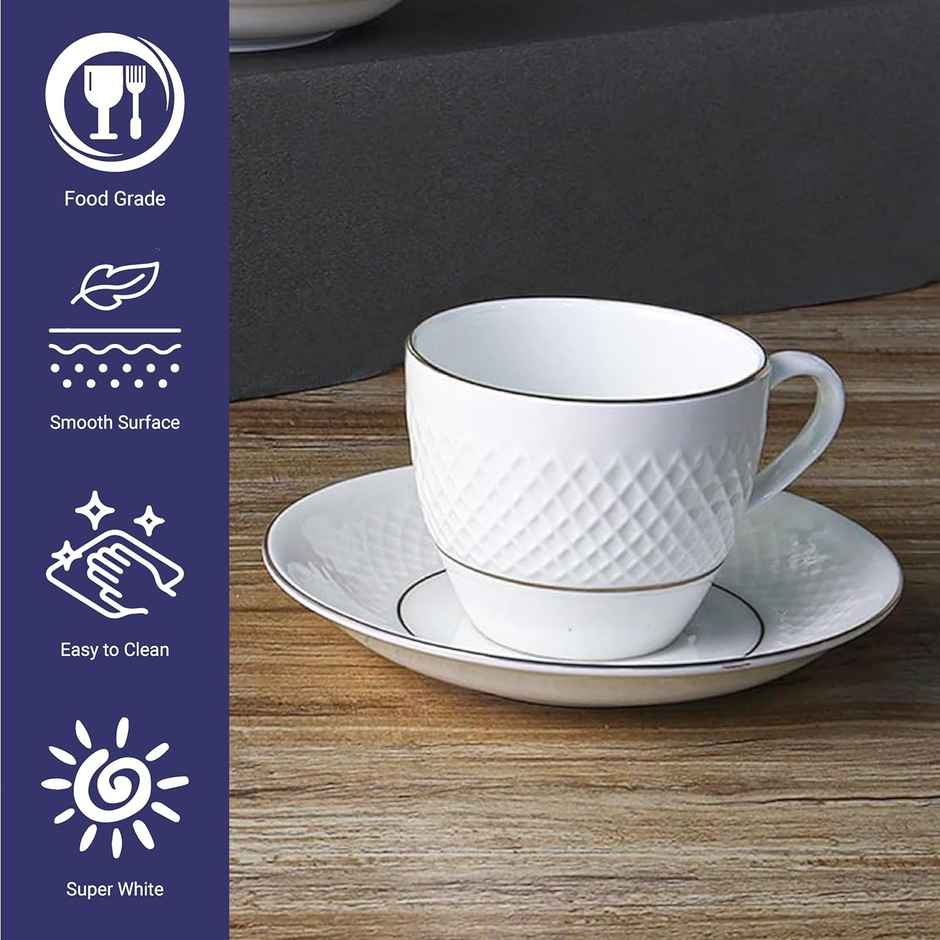 Femora Double Gold Line Diamond Cut White Ceramic Tea Cup Set With Saucer 200 ml, 2 Cups, 2 Saucers