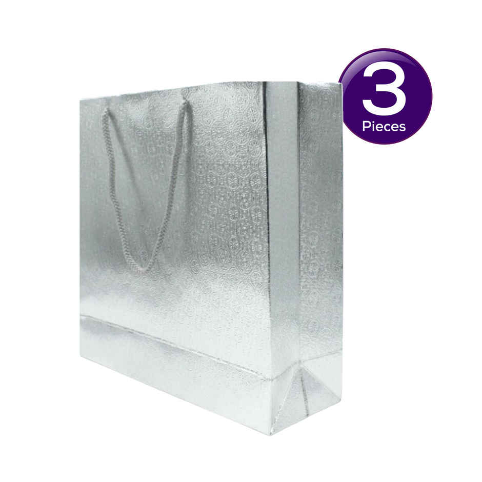 Silver Paper Bag For Gifting 9 x 9 x 3 Inch Assorted Design 1 pc Combo