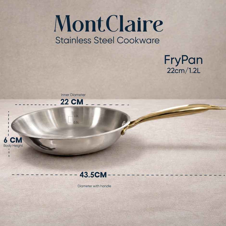 Solara MontClaire Triply Stainless Steel Fry Pan | Golden Handle | 22 cm | 1.7 L